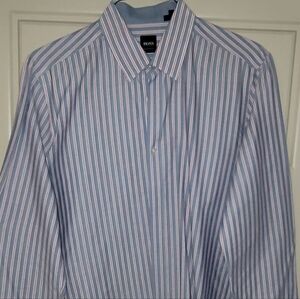 Hugo Boss Men's Blue White & Red Striped Luxury Designer Button Down Dress Shirt